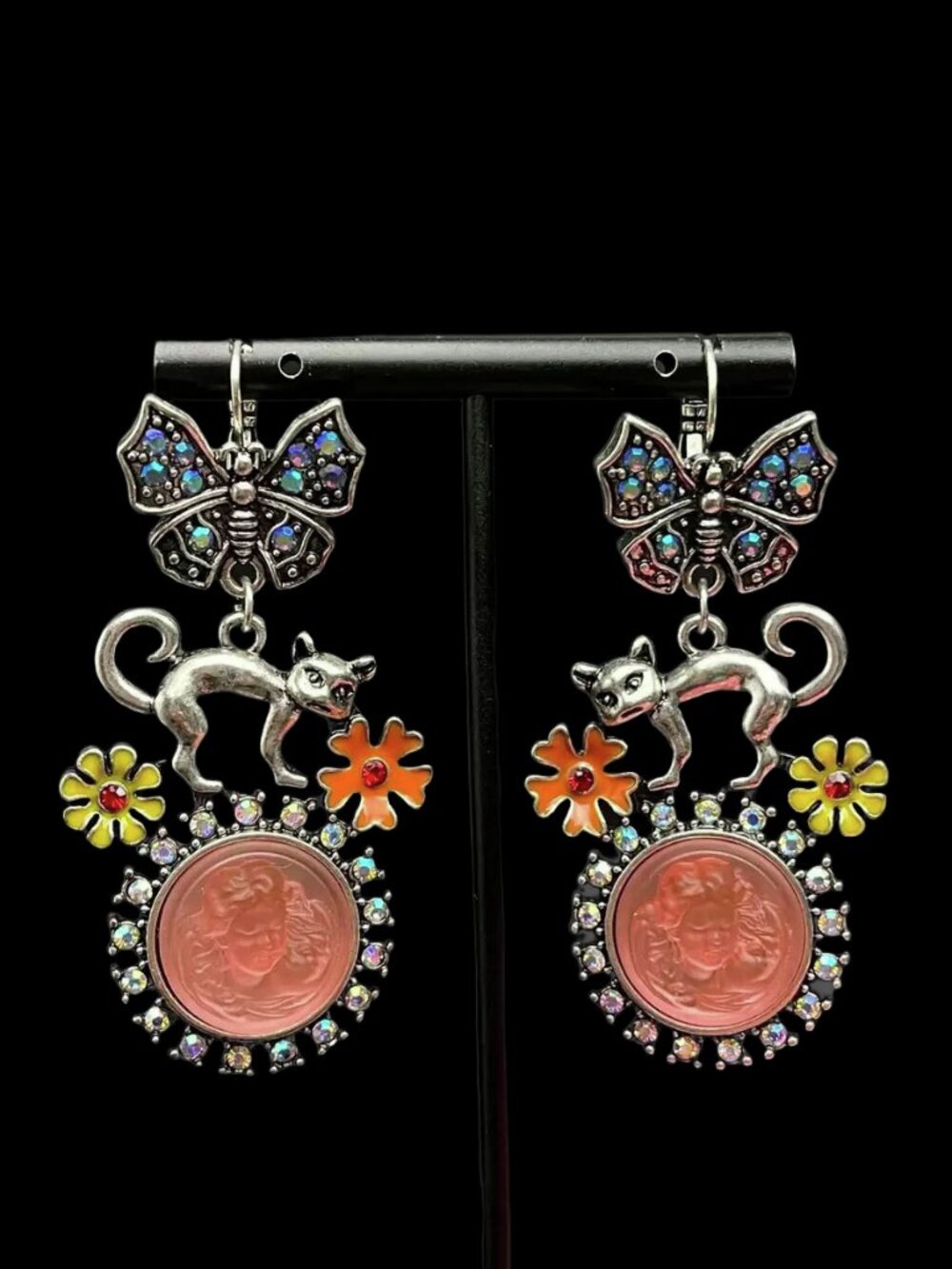 Kirks Folly Cameo Silver Tone Cat Butterfly Flower Earrings